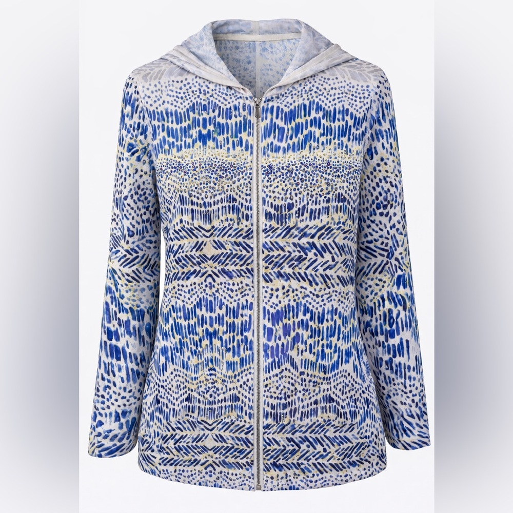 Zenergy by Chico's Blue Abstract‎ Zip Hoodie Jacket Rhinestone Detail Size 3
